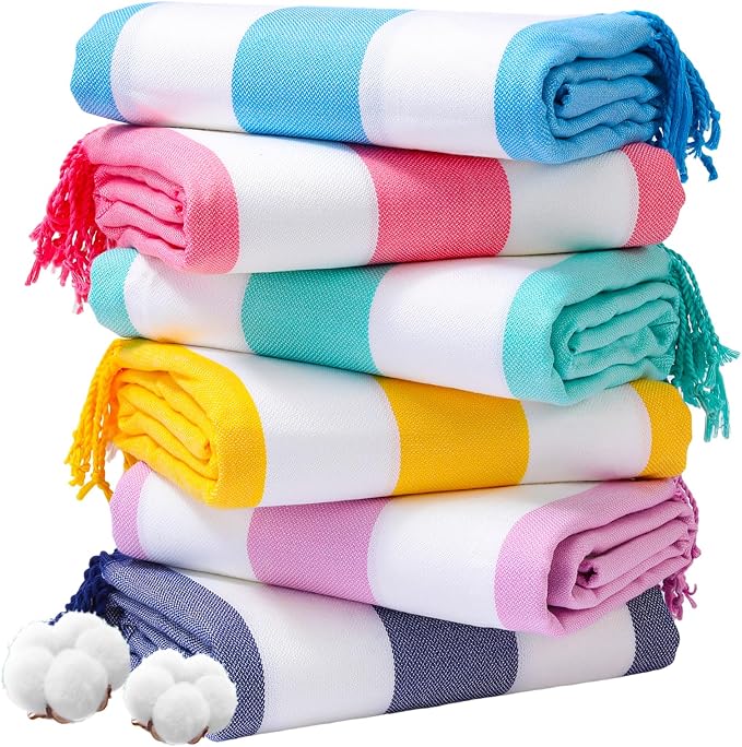 Genovega 6 Packs Oversized Turkish Beach Towel 74"x38" Thin Quick Dry Sand Free Pool Swim Towels Large XL Adult Clearance Blanket Travel Vacation Accessories Essentials Multi Stripes Yellow
