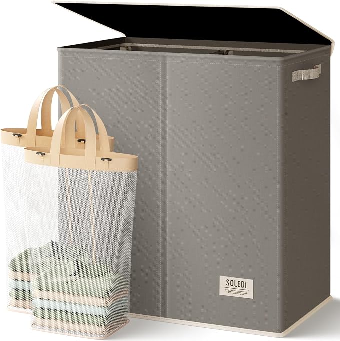 SOLEDI Large Double Laundry Hamper with Lid, Collapsible Clothes Hamper 2 section with Removable Bags, Space-Saving Laundry Basket for Bedroom, Dorm, College