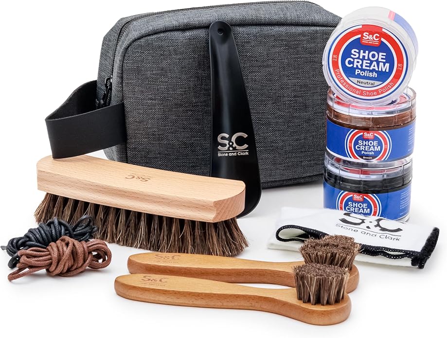 Stone and Clark 11 PC Shoe Shine Kit - Premium Shoe Polish Kit for Shoes - Black, Brown & Neutral Shoe Creams with Brushes, Laces, Buffing Cloth, Shoe Horn & More - Travel Essentials Shoe Care Kit
