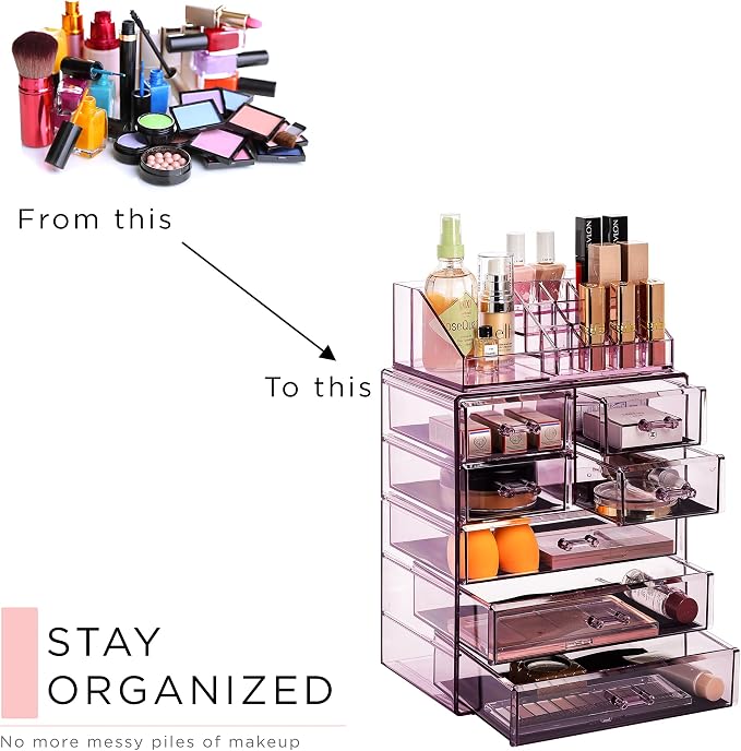 Sorbus Acrylic Makeup Organizer Set, 7-Drawer Vanity & Countertop Cosmetic Storage with Small & Wide Compartments, Purple Makeup Storage for Brushes, Jewelry – Holiday Gift for Women & Teens