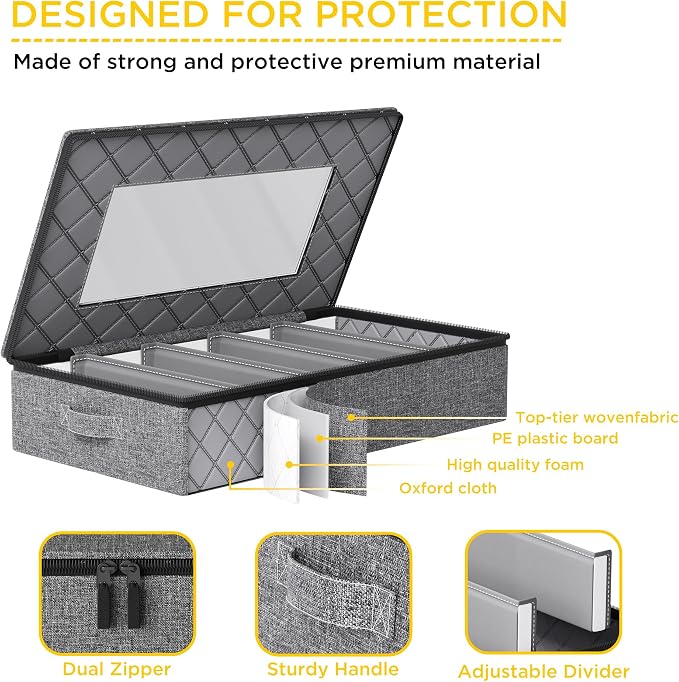 Silverware Storage Box,Hard Shell Flatware Organizer with Lid and Zipper,Utensil Storage with Clear Window and adjustable Divider for Spoons,Forks.Knives,Grey