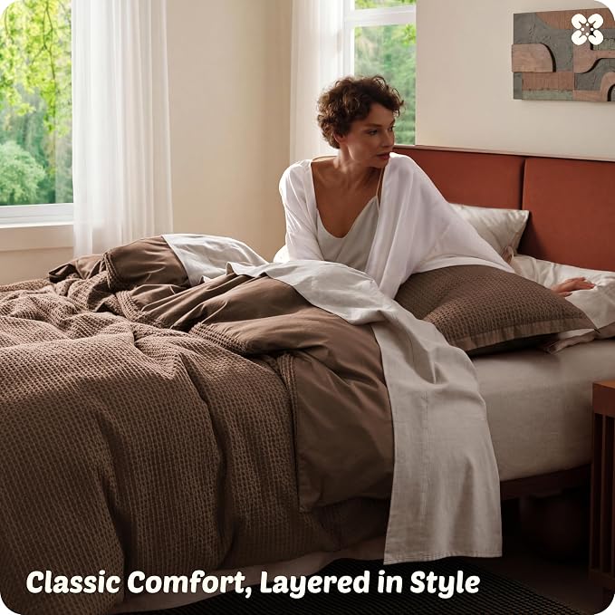 Bedsure Cotton Duvet Cover Queen Size - 100% Cotton Waffle Weave Chocolate Brown Duvet Cover Queen Size, PureWoven Breathable Bedding Set for All Season, 3 Pieces, 90"x90"