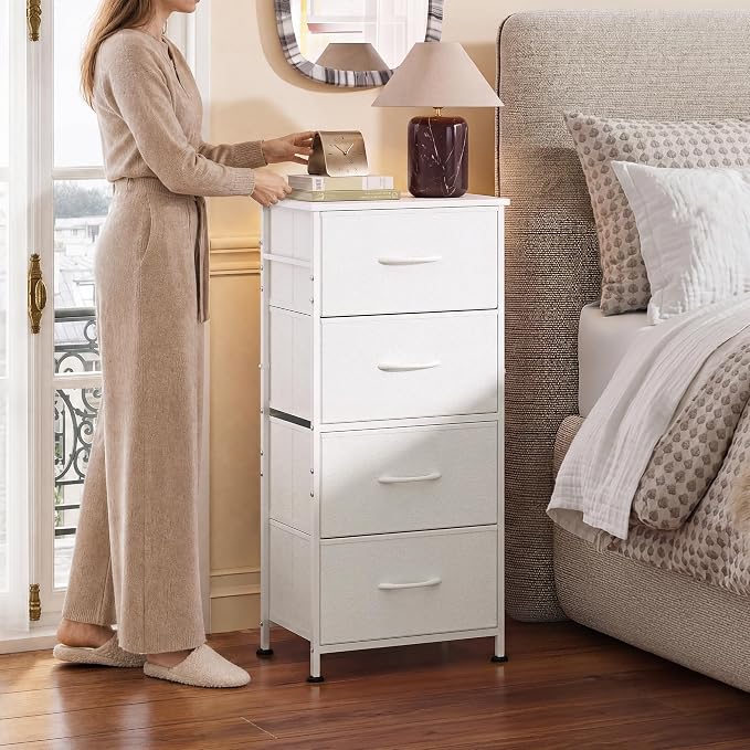 WLIVE Small Dresser Nightstand for Bedroom, 4 Drawers, White | 4 vertical fabric drawers, Space-saving tower, Bedroom or closet use, Chest of drawers, Dresser for small spaces