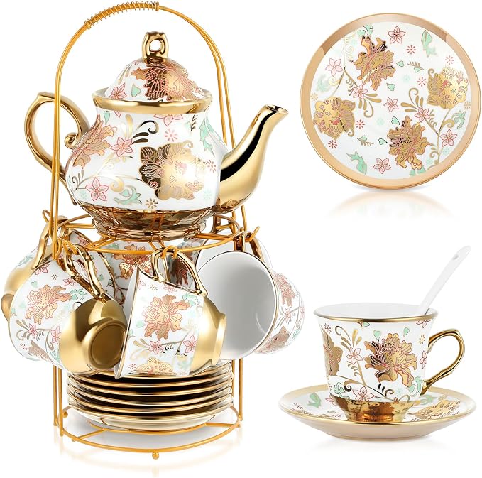 Zhehao 20 Pcs Porcelain Tea Set with Metal Holder and Spoon Adult Ceramic Tea Set European Flower Painting Teapot Cup Saucer Spoon for Women Mom Gift, Large Version (Elegant Style)