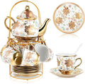 Zhehao 20 Pcs Porcelain Tea Set with Metal Holder and Spoon Adult Ceramic Tea Set European Flower Painting Teapot Cup Saucer Spoon for Women Mom Gift, Large Version (Elegant Style)