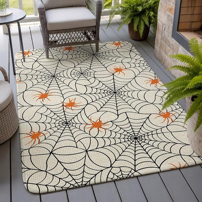 Halloween Washable Area Rugs for Living Room Bedroom, Large Non Slip Indoor Floor Carpet Absorbent Black Net Classic Spiders Gingham Orange Rustic Door Mat Rugs for Bathroom Entryway 63"x78.7"