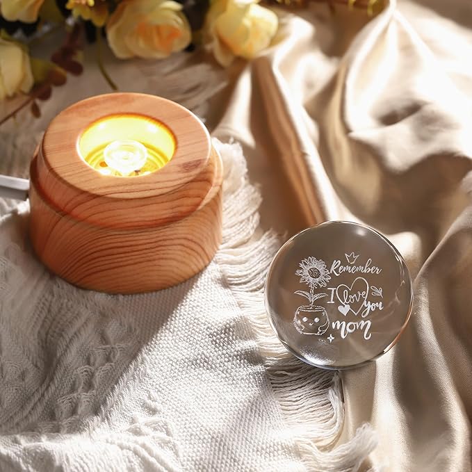 ZHSHWAT Gifts for Mom-Engraved Crystal Ball Night Light with Faux Wood Rotating Base - I Love You Mom Sunflower Design, USB-Powered Decor, Christmas Birthday Gifts for Mother from Daughter Son