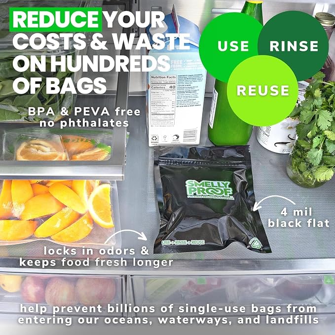 Smelly Proof Reusable Food Storage Bags, Black 4-Mil Thick, Heavy Duty Reusable Snack Bags, Reusable Freezer Bags, BPA-Free, No PEVA, Non-Silicone, 6.5” x 7.5”, 50-Pack