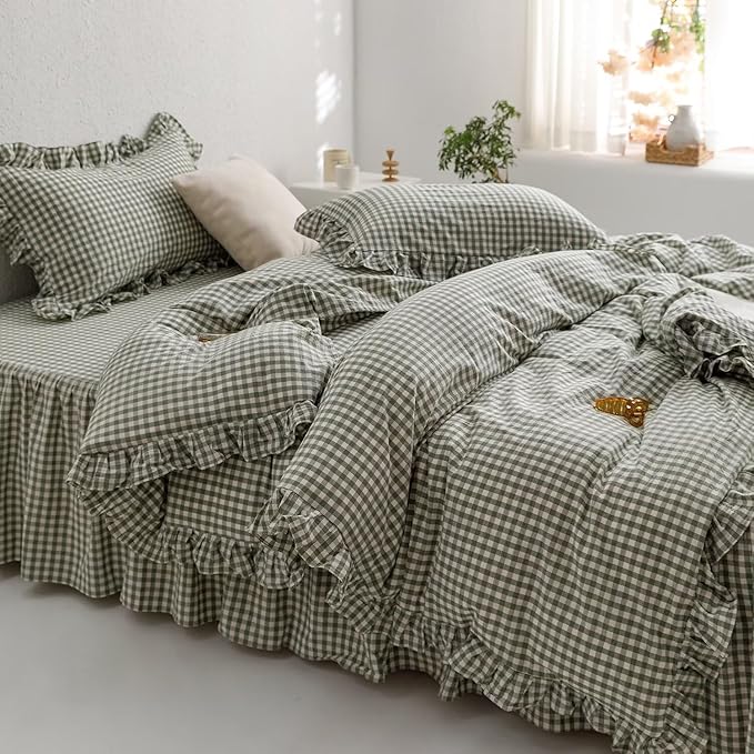 mixinni Green Gingham Ruffle Duvet Cover Queen Size 3 Pieces – 100% Washed Cotton, Vintage Plaid Ruffled Bedding Set with Zipper Ties, Soft Checkered Grid Farmhouse Chic Comforter Cover Set