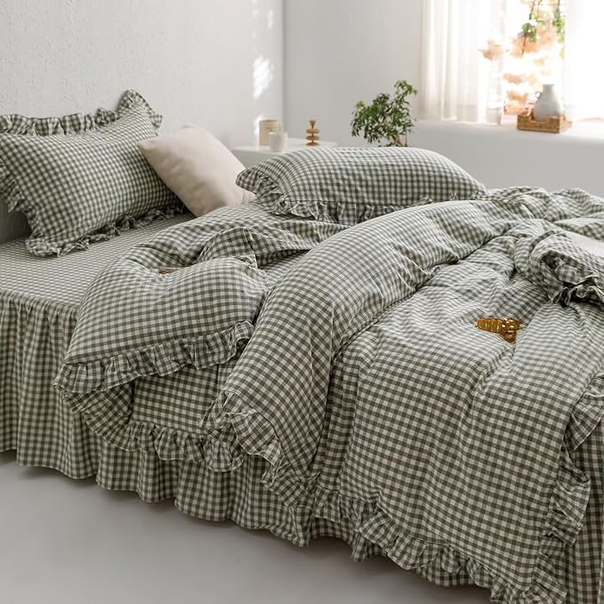 mixinni Green Ruffle Duvet Cover King Size 3 Pieces – 100% Washed Cotton, Vintage Plaid Ruffled Bedding Set with Zipper Ties, Soft Checkered Grid Farmhouse Chic Comforter Cover Set