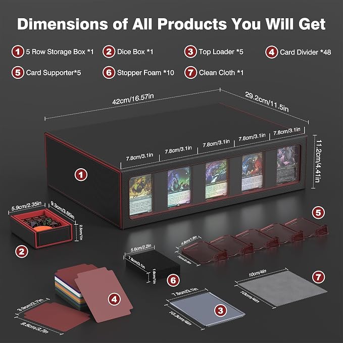 Kabinka MTG Card Storage Box with Handle & Mechanical Latch,5-Row 3900+ Commander Trading Card Case with Sealed Display Window,Top Loaders Organizer Deck Box for MTG/TCG/PTCG/Sports Cards (Black Red)