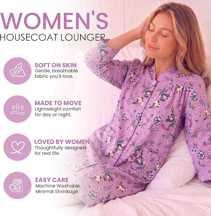 Casual Nights Women's Floral Snap Front Flannel Duster Long Sleeve Lounger Dress