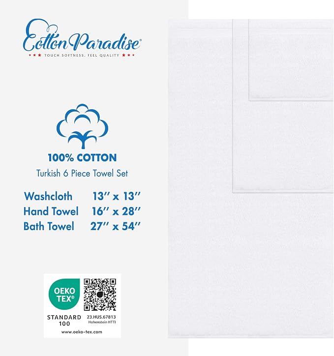 Cotton Paradise 100% Cotton Turkish Towel Set, Soft Absorbent Quick Dry, 6 Piece Towel Set, Snow White