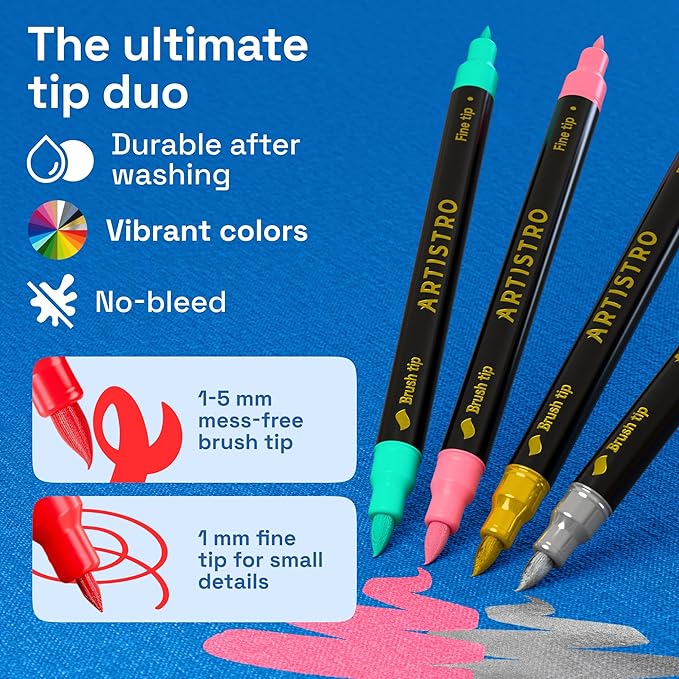 ARTISTRO 24 Dual-Tip Fabric Markers Decorating Kit, Permanent for Clothes | Brush & Fine Tip, Acrylic Paint Pens for Sneakers, Bags, Shoes, Textiles, Canvas, Sewing, Craft, & DIY