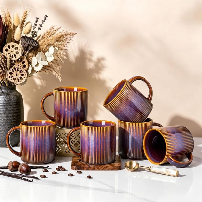 theterra Ceramic Coffee Mugs Set of 6, 14.2oz Handmade Coffee Cups with Handle for Latte, Tea, Milk, Beer, Hot Cocoa, Amber Amethyst
