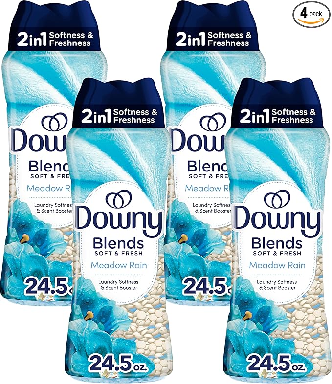 Downy Blends In Wash Laundry Scent Booster Beads, Meadow Rain Scent, 24.5 OZ, Fabric Softener Beads And Freshness (Pack of 4)