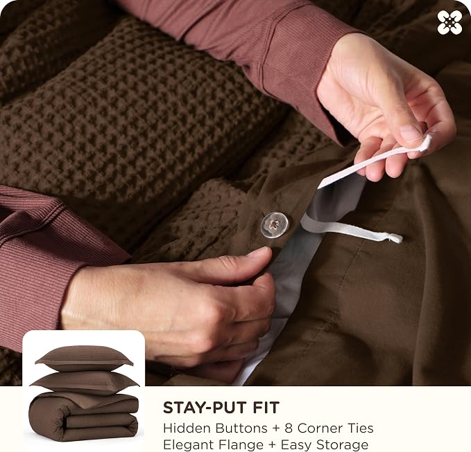 Bedsure Cotton Duvet Cover Queen Size - 100% Cotton Waffle Weave Chocolate Brown Duvet Cover Queen Size, PureWoven Breathable Bedding Set for All Season, 3 Pieces, 90"x90"