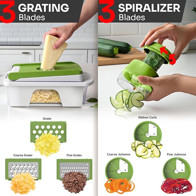 MUELLER HOME Pro-Series All-in-One, 12 Blade Mandoline Slicer for Kitchen, Food Chopper, Cucumber Slicer and Spiralizer, Cutter, Dicer, Grater, Gifts for Mom, Kitchen Essentials, White Sand/Green
