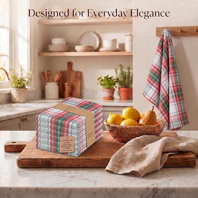 Urban Villa Christmas Kitchen Towels 100% Cotton Dish Towels for Kitchen (Set of 6) 20”x30” Dish Cloths Absorbent Kitchen Linen Set with Hanging Loop Perfect for Drying Dishes Cleaning – Christ Check