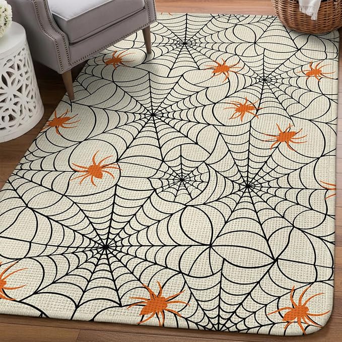 Halloween Washable Area Rugs for Living Room Bedroom, Large Non Slip Indoor Floor Carpet Absorbent Black Net Classic Spiders Gingham Orange Rustic Door Mat Rugs for Bathroom Entryway 63"x78.7"