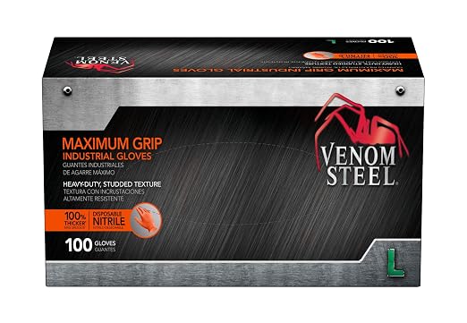 Venom Steel Maximum Grip Nitrile Gloves, 8 Mil Thick, Raised Diamond Texture For Grip, Puncture and Rip Resistant, Hi-Visibility Orange, Large (100 Count) (Pack of 3)