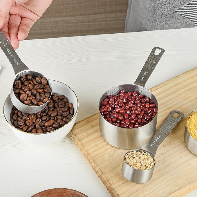 18/8 Stainless Steel Measuring Cups and Spoons Set 10 for Baking & Kitchen, Metric & US Metal 4 Measuring Cups and 5 Measuring Spoons with 1 Leveler