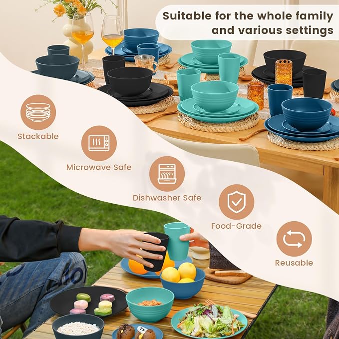 Homienly 40 PCS Premium Wheat Straw Dinnerware Sets, Reusable Unbreakable Plates and Bowls Set, Cups Sets, Service for 8, Microwave and Dishwasher Safe Dishes Set for Party, Outdoor (Nightscape)