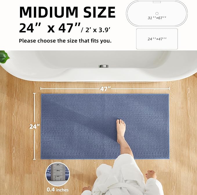 TYUU Bathroom Rugs Non Slip Washable, Super Absorbent Thin Bath Mat Quick Dry Low Pile Bathroom Rug, Denim Blue 24"x47"