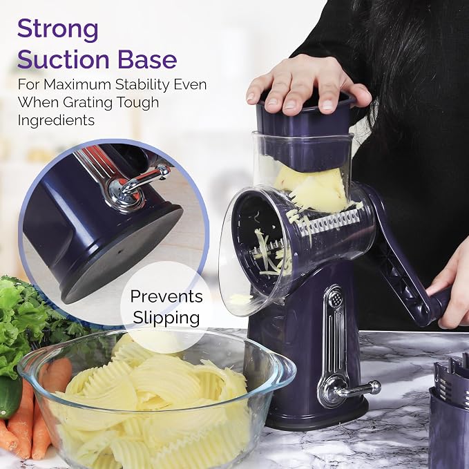 Cheese Grater with Handle, 5 in 1 Rotary Vegetable Shredder with 5 Replaceable Blades & Strong Suction Base, Rotary Grater for Cheese, Veggies & Nuts, Includes Storage Box