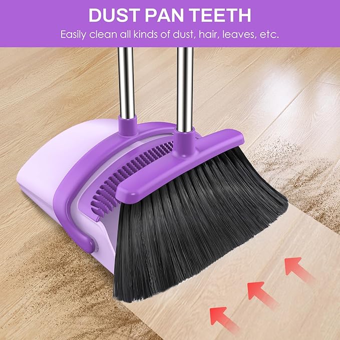 Broom and Dustpan Set for Home, 51-in Long Adjustable Handle Angle Broom and Dustpan Combo Set with Dust Pan Teeth to Clean Hair for Home Kitchen Office Lobby Floor Garden, Purple