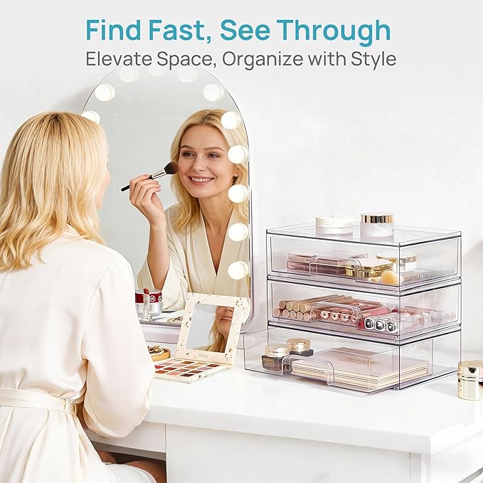 Vtopmart 12.1''W Clear Stackable Storage Drawers,4 Pack Acrylic Plastic Organizers Bins for Makeup Palettes, Cosmetics, and Beauty Supplies,Ideal for Vanity, Bathroom,Cabinet,Desk Organization