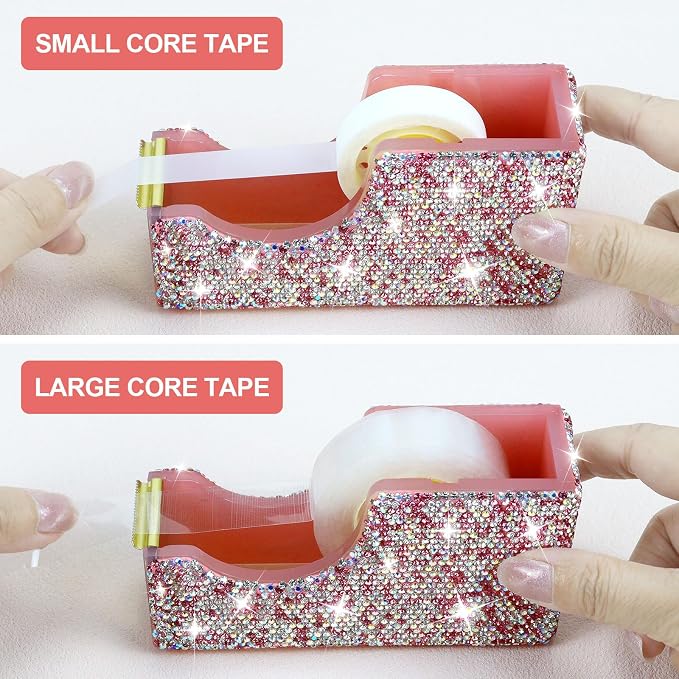 Buqoo Pink Bling Crystal Tape Dispenser, Sparkly Desktop Adhesive Tape Dispenser Cutter with Tape for Desk, Glitter Tape Holder Cutter Rhinestone for Office School