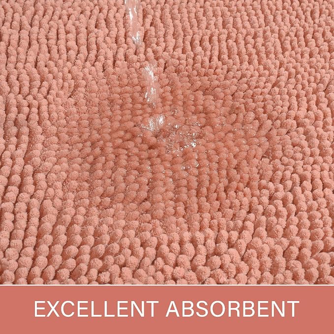 LOCHAS Luxury Bathroom Rug Shaggy Bath Mat 24 x 60 Inch, Pink | Washable Non Slip Bath Rugs for Bathroom Shower, Soft Plush Chenille Absorbent Carpets