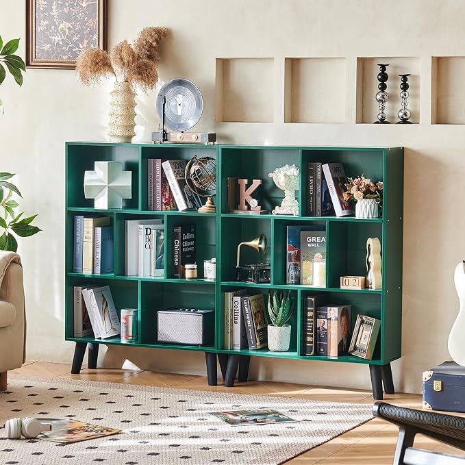 LEYAOYAO Cube Bookshelf, Mid-Century Modern Book Shelf with Legs,Dark Green | 3 Tier Bookcase, Rustic Wood Bookshelves Freestanding Small Storage Organizer, Open Shelves for Bedroom, Living Room, Office