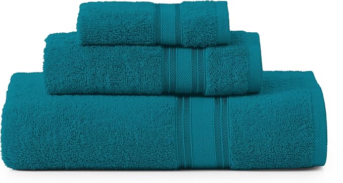 LANE LINEN Bath Towel Set 100% Cotton 3 Piece Soft Absorbent - Sea Port | Cotton Towel Set - Densely Woven, Coordinated Colors, Dobby Border Accent, OEKO-TEX Certified, Zero-Twist Durability