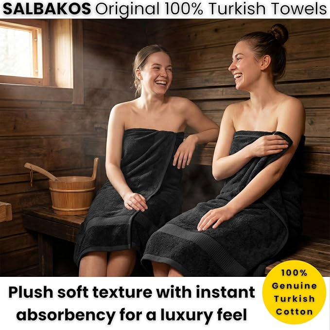 SALBAKOS 2-Piece 100% Turkish Cotton Bath Towels Extra Large 35x70, Black | Oversized Bath Sheet Towel for Bathroom & Beach, Thick, Super Soft, Highly Absorbent, Premium Hotel Quality, Made in Turkey