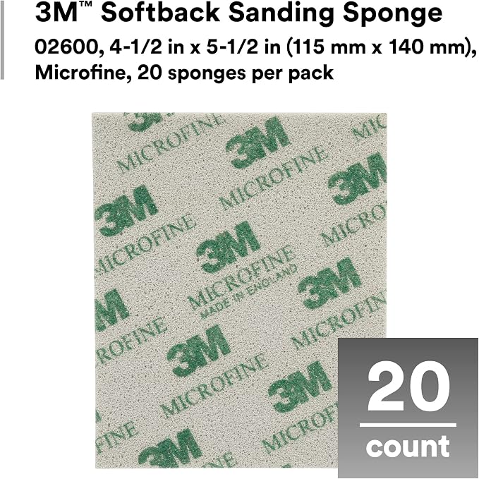 3M Softback Sanding Sponge 02600, 4 1/2 x 5 1/2 in, 20 Pack, Microfine Grit, Fast Cutting