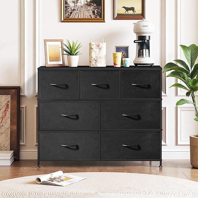 7-Drawer Dresser for Bedroom, Anti-Tip Wide Storage Organizer Fabric Chest of Drawers TV Stand for 45" TV with Wooden Top and Metal Frame for Closet, Living Room, Hallway, Entryway, Black