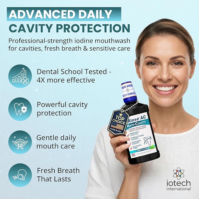 ioRinse AC Anticavity Fluoride Mouthwash - Alcohol-Free Molecular Iodine Mouth Wash Fights Tooth Decay & Protects Enamel - Safe Mint Rinse for Sensitive Mouths - Potent Bad Breath Protection - 33.8 oz