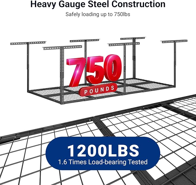 FLEXIMOUNTS 3x8 Overhead Garage Ceiling Storage Rack, 2 Pack, Hammertone | 750lbs Weight Capacity, 22"-40" Adjustable Organization System, Heavy-Duty Metal Ceiling Racks, Classic Series