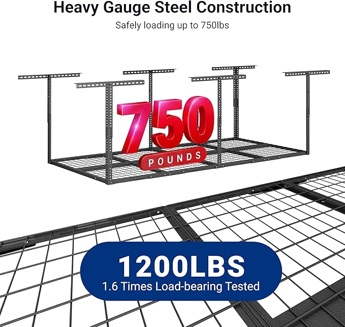FLEXIMOUNTS 3x8 Overhead Garage Ceiling Storage Rack Adjustable, Hammertone | 750lbs Weight Capacity, 22"-40" Adjustable Organization System, Heavy-Duty Metal Ceiling Racks, Classic Series