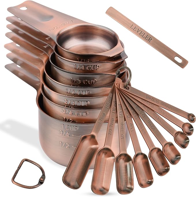 Measuring Cups and Spoons Set, Copper Plated Measuring Cups Spoons, Stainless Steel 7 Measuring cups and 9 Measuring Spoons 1 Leveler for Baking and Kitchen