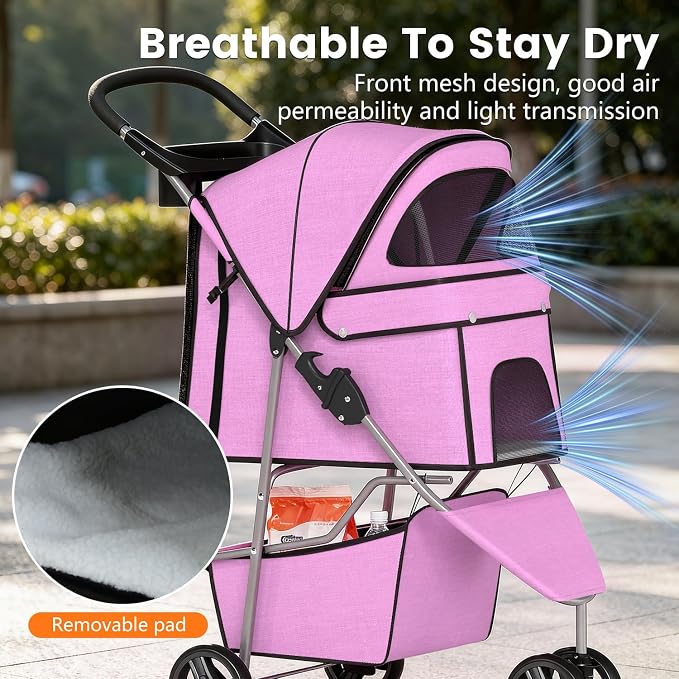 BestPet 3 Wheels Pet Dog Stroller Cat Cage for Medium Small Dogs Cats Travel Folding Carrier Waterproof Puppy Stroller with Cup Holder & Removable Liner,Pink