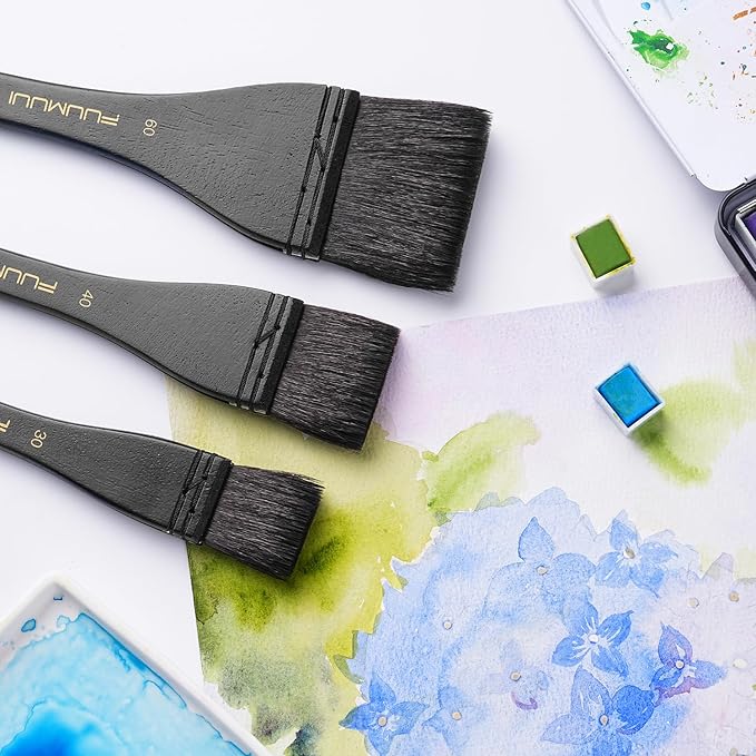 Flat Watercolor Brushes, Fuumuui 30mm Professional Squirrel Hair Flat Hake Brushes, Artists Scale Large Paint Brush with Long Handle for Watercolor and Acrylic Paints