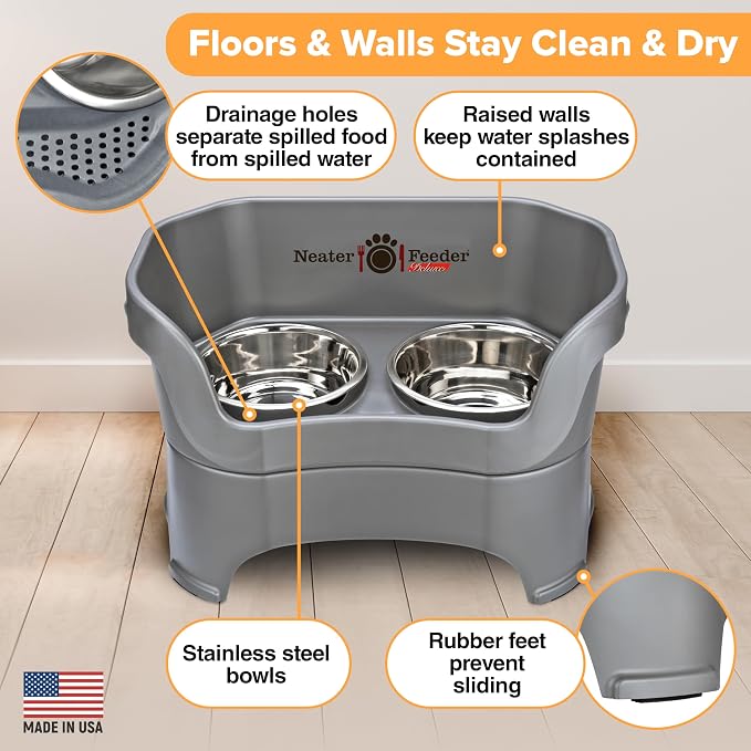 Neater Pet Brands Neater Feeder Deluxe Mess Proof Dog Bowls Elevated for Large Dogs Over 40 lbs, Made in USA, No Spill Raised Dog Food Bowl Stand Feeding Station, Food and Water Bowl Set, Gunmetal
