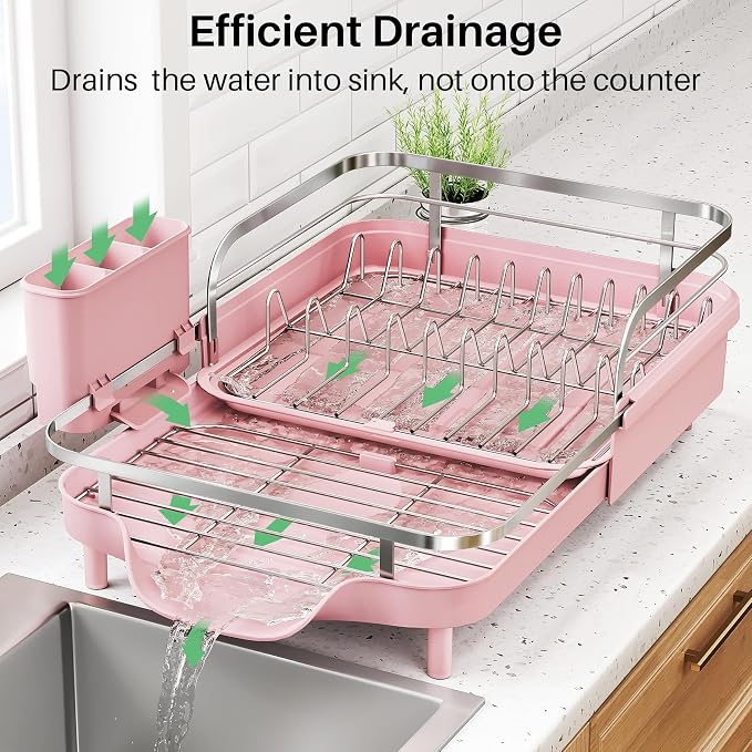 SNTD Dish Drying Rack, Expandable Dish Rack for Kitchen Counter, Stainless Steel Dish Drainer with Drainboard Set and Utensil Holder (Pink)
