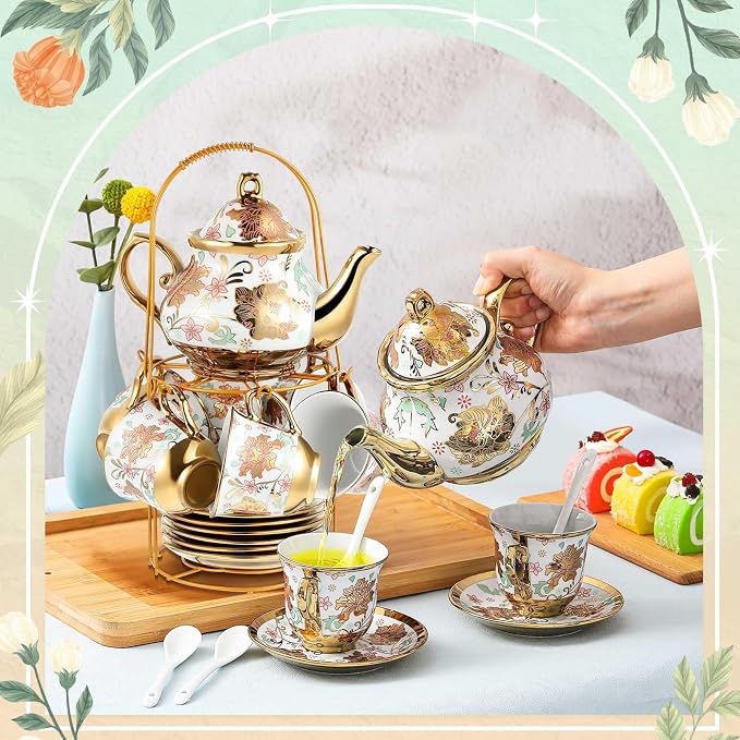 Zhehao 20 Pcs Porcelain Tea Set with Metal Holder and Spoon Adult Ceramic Tea Set European Flower Painting Teapot Cup Saucer Spoon for Women Mom Gift, Large Version (Elegant Style)