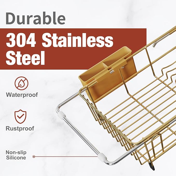 JASIWAY Gold Dish Drying Rack in Sink with Drainboard and Utensil Holder | Use Over the Sink or Counter, Stainless Steel Expandable Dish Drainer for Small Kitchen, Space Saving, Fast Drain, Rustproof