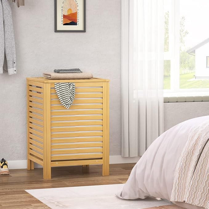 Bamboo Laundry Hamper with Lid, 120L Large Clothes Laundry Sorter with Removable 2-Section Liner Bag, Raised Laundry Basket Organizer for Clothing, Bathroom, Bedroom, Laundry Room, Natural