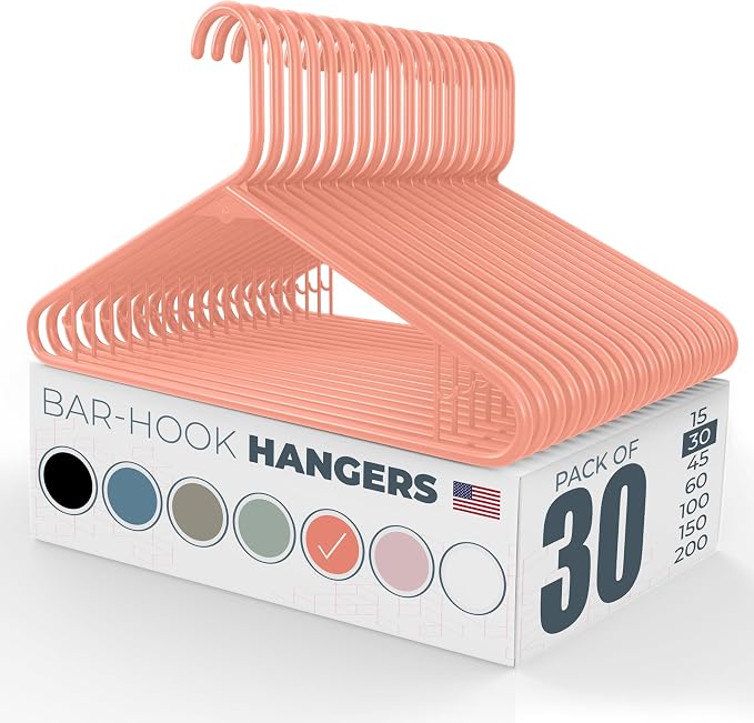 Plastic Hangers 30 Pack – Made in the USA – 6lb Capacity Standard Clothes Hangers with Strap Hooks for Dresses, Lingerie, Shirts, Pants, and Jackets – Peach